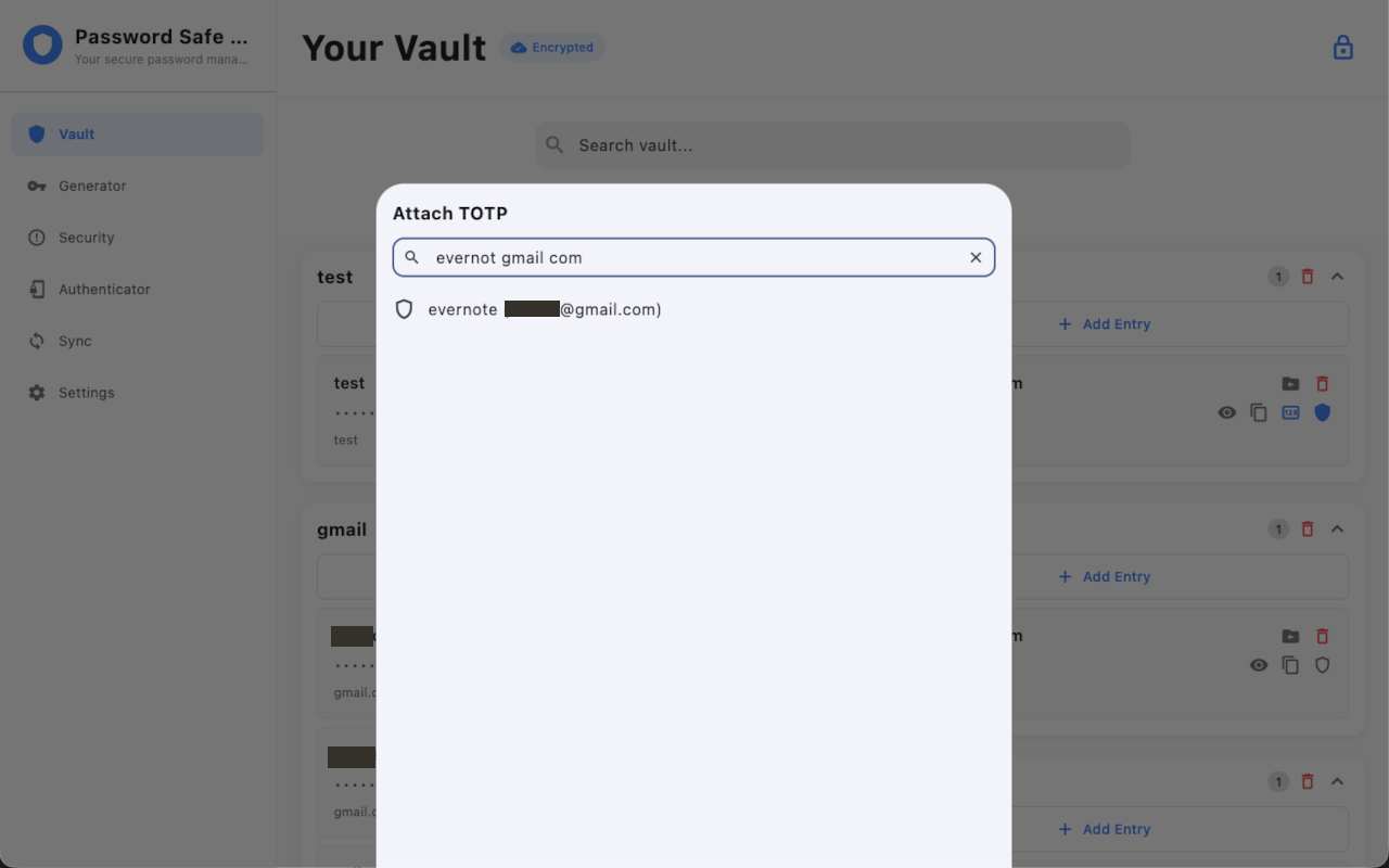 Attach TOTP picker: search by issuer or label, then select an existing authenticator account.
