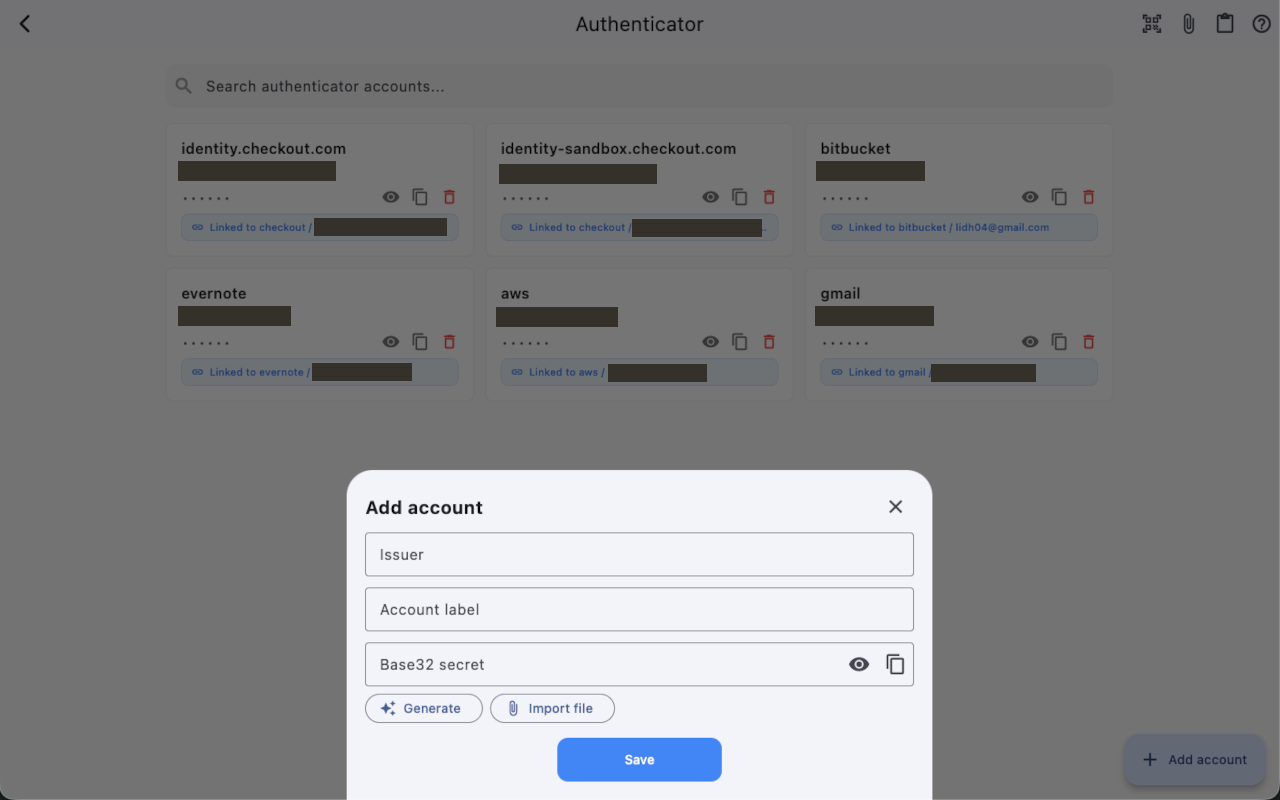 Add account: issuer, label, Base32 secret, Generate, and Import file.