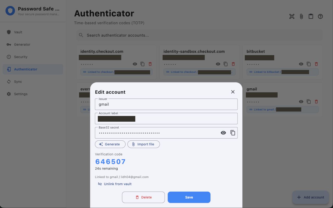Edit account: change issuer or label, regenerate or import a secret, and unlink from the vault.