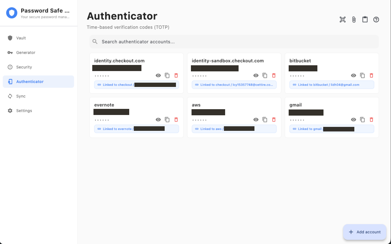 Authenticator list on macOS: search accounts, reveal or copy a code, and see which vault entry is linked.