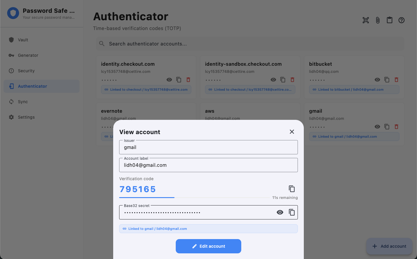 View account: live verification code, remaining seconds, and the secret when revealed.